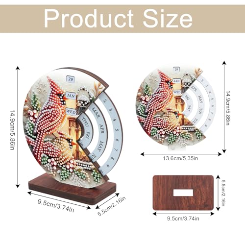 Image of AiYuanzsh Diamond Art Tabletop Perpetual Calendar, 3D DIY Wooden Desk Ornament with Red Cardinal Bird Design, Sparkling Diamond Painting Kit for Christmas Desktop Decoration
