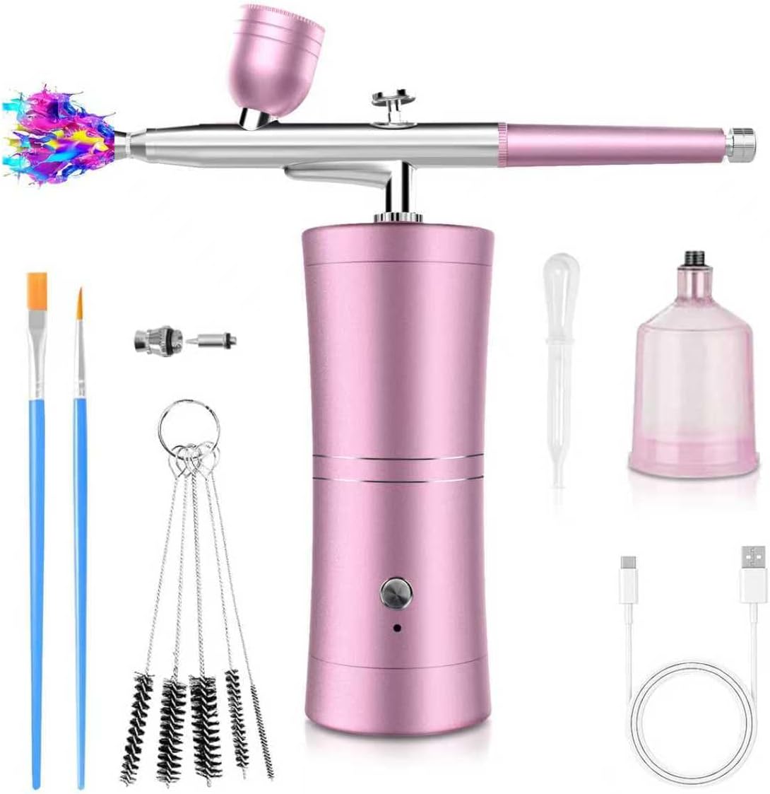 Airbrush Kit,with Compressor 32psi Cordless Airbrush Rechargeable Non-Clogging Airbrush Set with 0.3mm Nozzle Air Brush Spray Kit for for Barbers Model Painting Nail Art Craft Makeup(PINK)