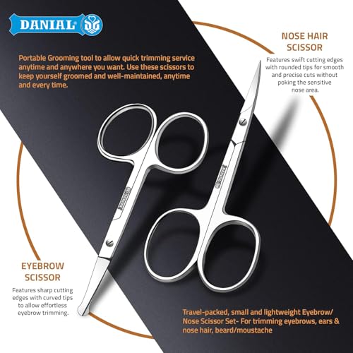Image of DANIAL Eyebrow Scissors, Small Scissors for Men and Women - Curved and Rounded Nose Hair Scissors for Grooming Mustache, Beard, Eyelashes, Ear Hair Trimming- Professional Stainless Steel - Silver