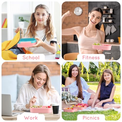 Image of Lunch Box Kid Adult Bento Box, 4-Compartment Food Lunch Containers with Fork & Spoon, BPA Free, Leak-Proof Bento-Style Lunch Box for Work School, Microwave & Dishwasher Safe (Candy)