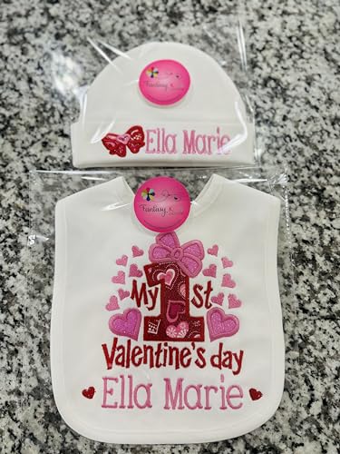 First Valentine's Day Baby Girl Bib with Matching Hat Personalized with Custom Name (Baby Gift Set)4