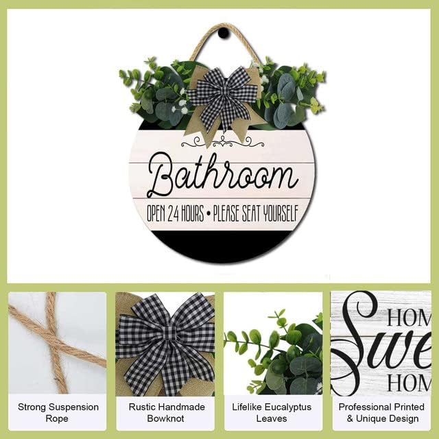 Bathroom Decor,Bathroom Open 24 Hours Please Seat Yourself Sign,Rustic Round Wooden Wreath Sign,Modern Farmhouse Home Accent For All The Seasons