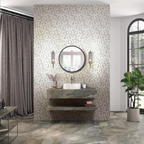 Round Stone and Aluminum Mosaic Wall Tile 5 Sheets,Unique Round Design Stone Mosaic Kitchen Backsplash for Wall Decoration Aluminum Mosaic Walls Tiles 5.36 sq. ft. (White+ Grey+Aluminum)