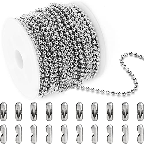 Jishi 33ft Stainless Steel Ball Chain 2.4mm Bead Dog Tag Chain Beaded Necklace Chains for Jewelry Making Bracelet Military Crafts, Silver Metal Pull Chain Small Ball Bead Chain Roll w 20#3 Connectors
