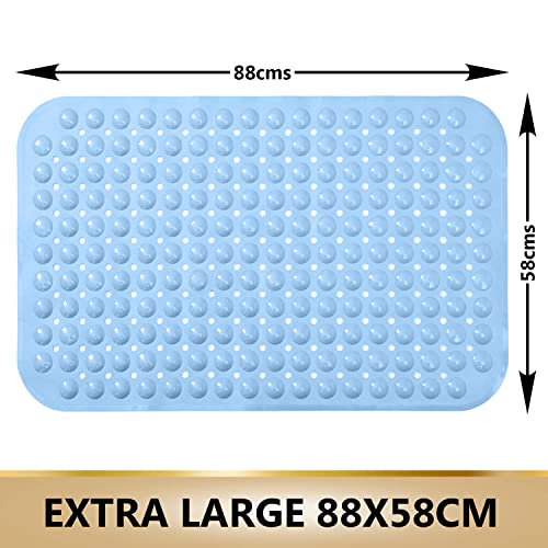 Image of TurtleGrip Anti-Skid Shower Mat, 88x58 cm Soft-Pebble (Blue), Anti-Slip Extra Large Bathtub Mat with Suction Cups, Machine Washable Bathroom Mats with Drain Holes