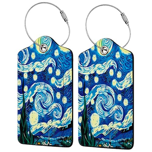 The Starry Night 2 Pack Luggage Tag for Suitcase, Cute Unique Leather Bag Tags Identifiers Privacy Cover ID Label with Steel Loop for Women Men Kids Girls Travel