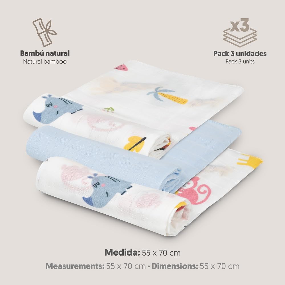 INTERBABY · Pakiet 3 Niebieskie bambusowe gazy JUNGLA dla niemowląt· 55x70 cm · Bambus&Bawełna