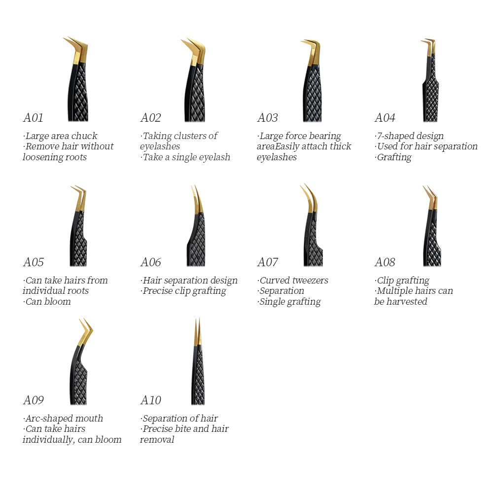 Pinzas para Extensiones de Pestañas Pinzas Pestañas Pelo a Pelo Lash Tweezers(A1+2+4+9+10)