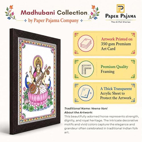 Image of PAPER PAJAMA Goddess Saraswati Vastu Wall Art for Living Room | Madhubani Saraswati Mata Painting with Veena | Traditional Mithila Religious Framed Decor for Home, Office & Study Room (10x13 Inches)