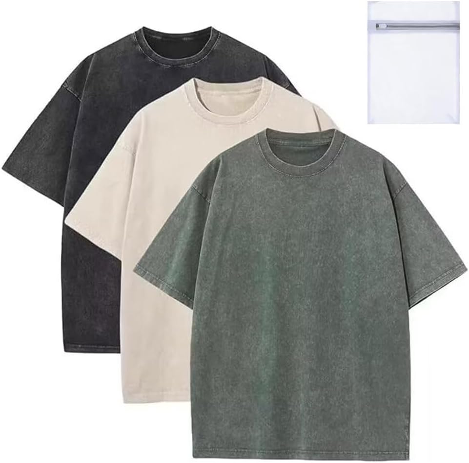 SAROULU Men's Oversized T-Shirts with Laundry Bag Heavy Cotton Vintage Washed Tee Unisex Short Sleeve Casual Shirts Tee Tops