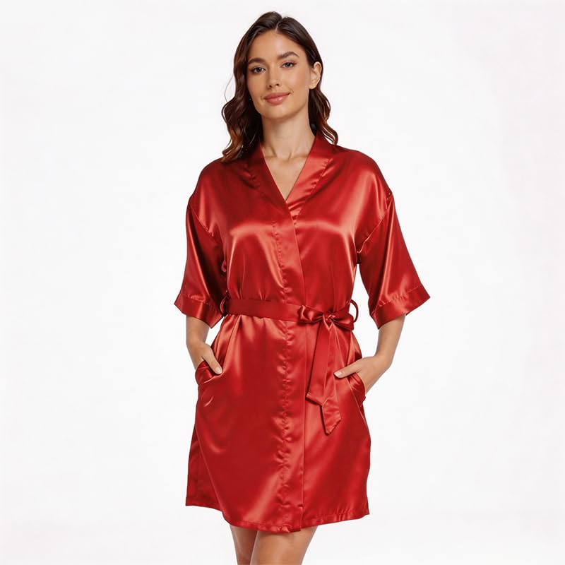 Image of Women's Bride Bridesmaid Robes Short Satin One Size Silver Rhinestones Wedding Party Getting Ready Sleepwear