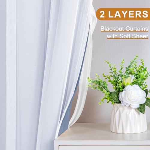 Image of DWCN Blue Blackout Curtains with Sheer Overlay with Tiebacks 63 Inch Long