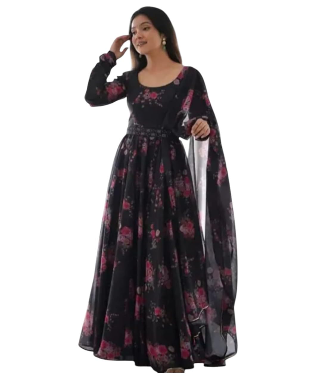 Floral Print Anarkali Gown, Teal, Full Sleeve, Ethnic Wear for Women-image-28