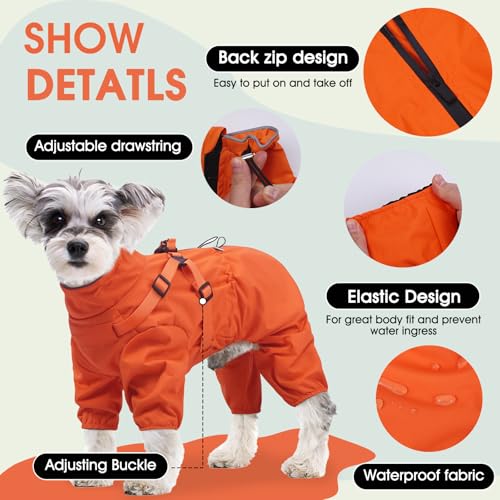 BRKURLEG Hunde-Regenmantel für kleine und mittelgroße Hunde, Regenmantel für kleine Hunde mit integriertem Geschirr, 4 Beine, Orange, Größe M