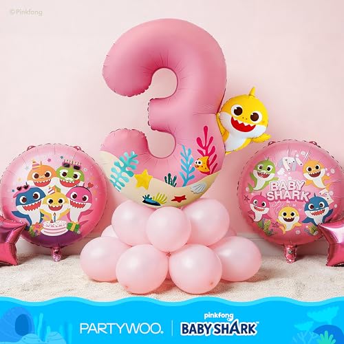 Image of PartyWoo Baby Shark Pink Foil Number 3 Balloon 40 Inch Pink Mylar Helium Birthday Number Balloons for Girls and Boys Baby Shark Under the Sea Ocean Theme Kids Third Birthday Party Decorations