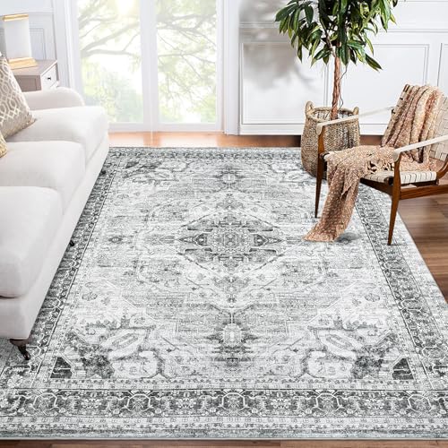 GarveeHome 5x7 Area Rugs, Ultra-Thin Washble Rug, Stain Resistant Anti Slip Backing Rugs for Living Room Bedroom Vintage Home Decor Area Rug, Grey