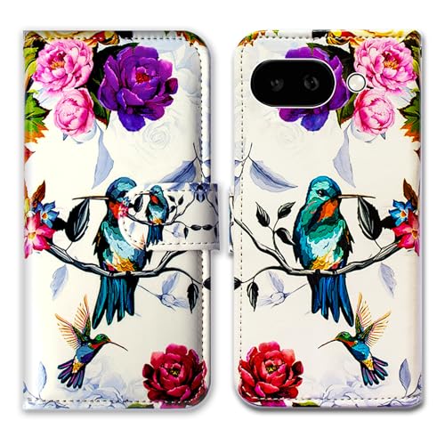 Étui pour Pixel 9a avec béquille et fente cartes housse portefeuille cuir motif colibri