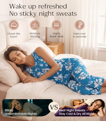 Image of NACHILA Pajamas for Women-Viscose Made from Bamboo, Sleeveless Pjs Tank Top Capri Pants Pajama Sets Cooling Sleepwear