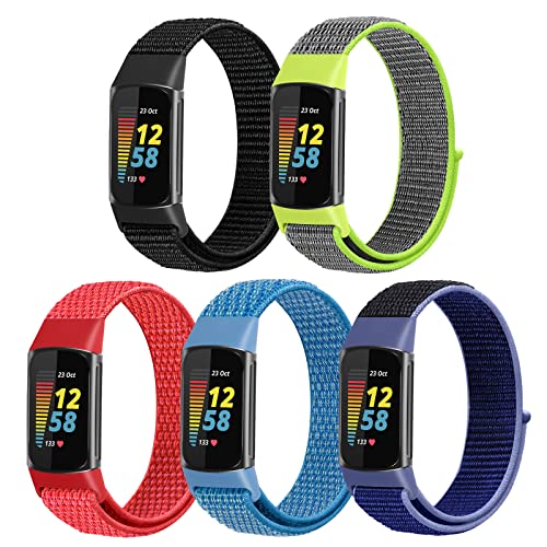 WNIPH Nylon Loop Watch Bands Compatible with Fitbit Charge 6/Charge 5 Bands, 5 Pack Adjustable Soft Breathable Sport Loop Wristband Replacement Straps for Charge 5/Charge 6 Women Men