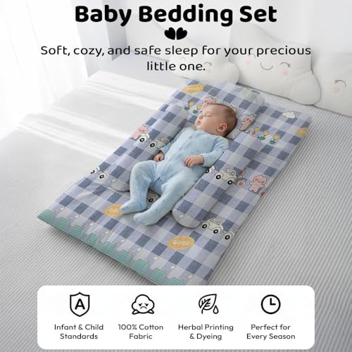 Image of StarAndDaisy Newborn Baby Bedding Nest 100% Cotton Cushioned Mattress Sheet with 2 Side Bolster Pillows & 1 Head Pillow Breathable & Soft Boys & Girl Design- Bunny Print