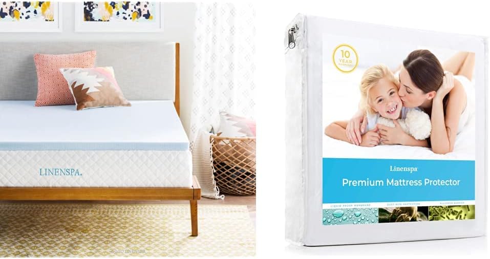 Linenspa 2 Inch Gel Infused Memory Foam Mattress Topper, Twin & Premium Smooth Fabric Mattress Protector-100% Waterproof-Hypoallergenic-Vinyl Free Protector, Twin, White