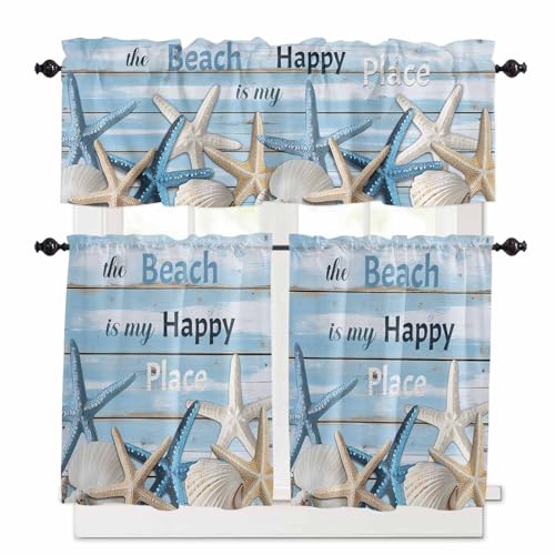 Blue Starfish Coastal Kitchen Curtains 36 Inch Length,3 Piece Rod Pocket Small Half Tiers and Valance Set,Nautical Shell Summer Beach Vintage Small Large Window Treatment Decor for Bedroom/Bathroom