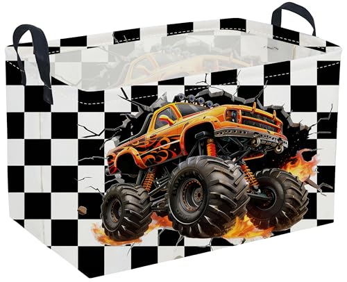 Image of Sanjiaofeng Rectangular Monster Truck Basket for Kids,Baby Storage Bins with Handles for Car Decor,Racing Storage Bin,Cute Toy Storage Organizer for Boys and Girls,Car Room Decor(Racing flag)