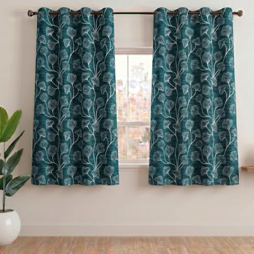 Image of Home Sizzler Ginkgo Leaf Eyelet Polyester Semi-Transparent Window Curtains - 5 Feet, Pack of 2, Teal