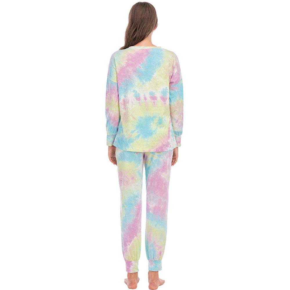 Schlafanzug,Damen-Pyjama-Sets Grün-Rosa Baumwolle Rundhals Batik Elastischer Bund Mit Tasche Kuschelig Warm Langarm Pjs Top & Unterteil Set Loungewear Nachtwäsche Weiche Faultier Nachtwäsche