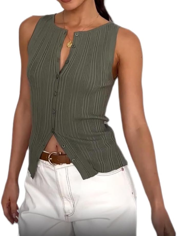 KMBANGI Women Button Down Knitted Vest Ribbed Tank Tops Button Up Open Front Knit Shirt Sleeveless Slim Fit Dressy Top - Image 4