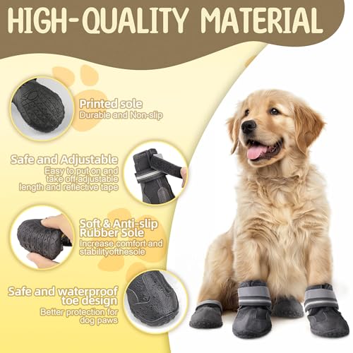 PVUEL Hundeschuhe Pfotenschutzschuhe,4 Stück atmungsaktive Hundeschuhe mit Rutschfester Sohle, Reflektierende Schnallen,für kleine mittelgroße Hunde geeignet, Outdoor-Aktivitäten in Schwarz,Größe 1