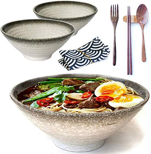 11 Pieces Premium Ceramic XL Large Ramen Bowls Set 2 White 54oz Noodles Bowl Asian Chinese Japanese or Pho Soup Includes Wood Fork Spoon Chopsticks and Stands And Table Runner
