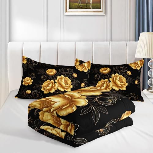 Image of AILONEN Gilded Peony Queen Comforter Set 3 Piece, Dark Garden Bedding Pack, Leaf Outline Artwork, Guest Bedroom, 2 Pillowcases