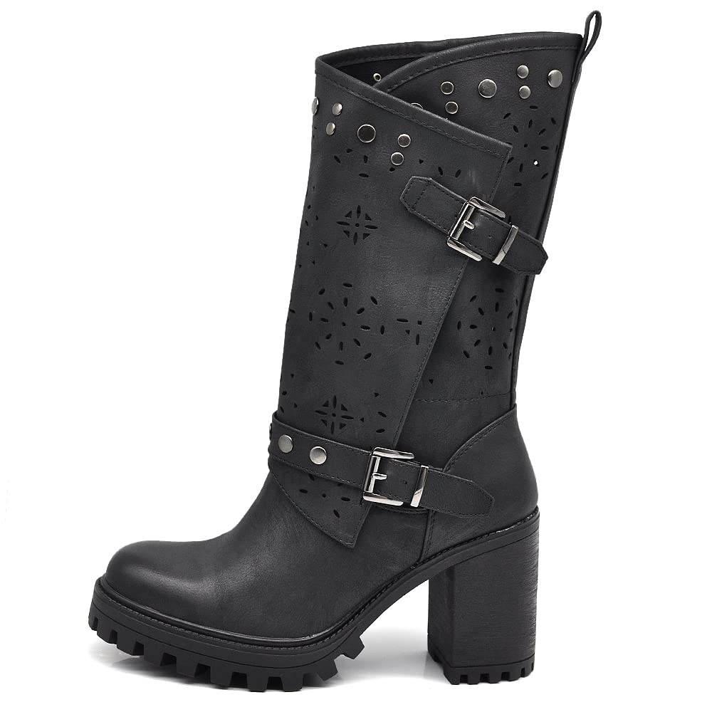 IF FASHION Stivaletti Tronchetti Da Donna Con Tacco Grosso Plateau Borchie Pelle Sintetica G669