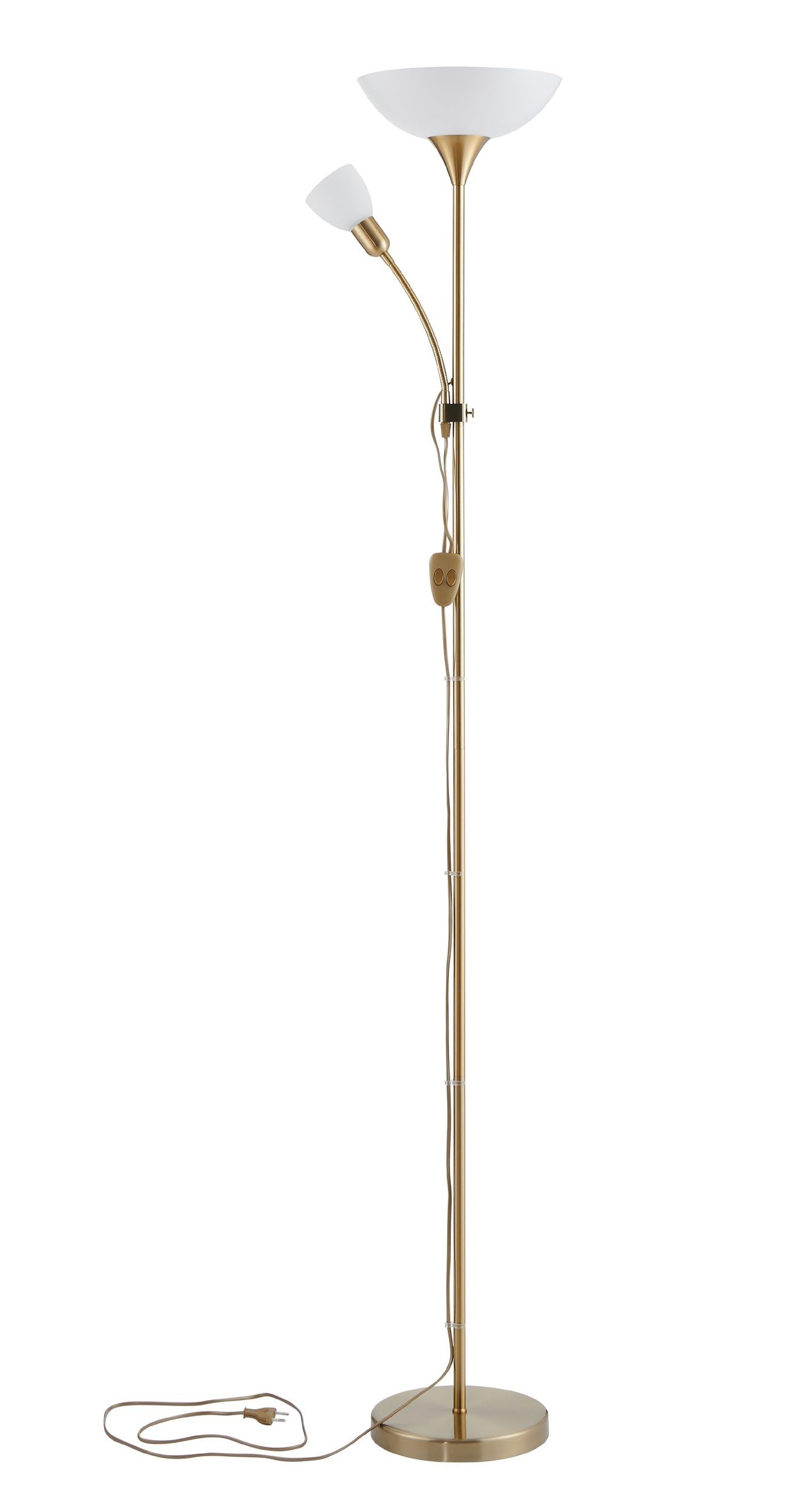 EGLO lampa podłogowa Up 2, 2-płomienna oświetlenie podłogowe nowoczesna, klasyczna lampka podłogowa ze stali i szkła, światło do salonu w kolorze mosiądz matowy i biały, z wyłącznikiem, reflektor sufitowy z lampką do czytania, oprawka E27 + E14