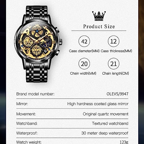 Image of OLEVS Skeleton Watch for Men Stainless Steel Chronograph Watch for Men Classic Waterproof Mens Watches with Date Luxury Business Men's Analog Wrist Watches, relojes para Hombres Blue /Black /Gold /White