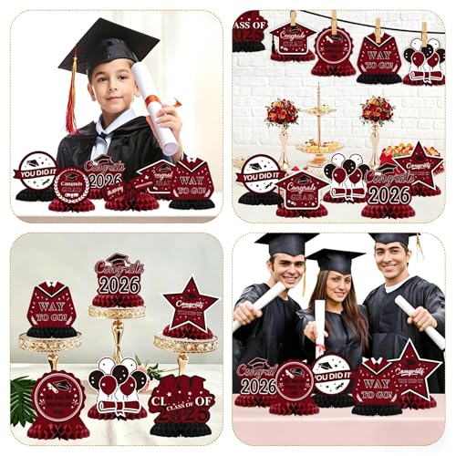Image of Graduation Decorations 2026, 10PCS Graduation Centerpieces for Table Maroon Black Graduation Party Decorations Class of 2026 Congrats Grad Honeycomb Centerpieces Table Decor Graduation Party Supplies