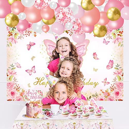 87 Pcs Pink And Gold Butterfly Birthday Party Supplies Include Photography Backdrop Banner Pink Gold Balloons Arch Cake Decorations Tablecloth Butterfly Theme Party Decorations For Girls And Women #TOP1