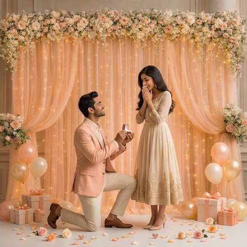 Image of Party Propz Peach Net Curtain for Backdrop Decoration with Light - 5 Pcs Background Decoration Cloth, Birthday Backdrops for Decorations, Anniversary, Festival, Wedding Backdrop Decorations for Home