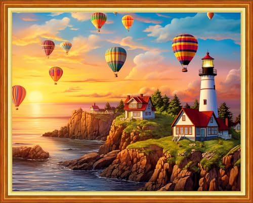 Image of Dimxvean Stamped Cross Stitch Kits,Cross Stitch Kits for Adults Beginners,Embroidery Kits Full Range of Cross Stitch Stamped Kits Needlepoint Kits Cross Stitch Patterns-Seaside Lighthouse 16x20 inch