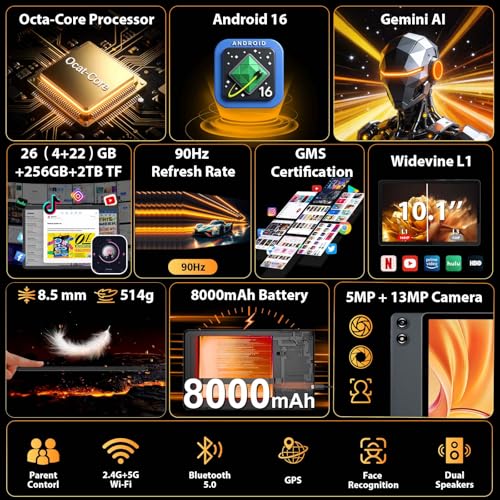 Image of 2026 Android Tablet with Keyboard, Upgraded Android 16 tablet with 26GB+256GB+2TB Expand, 10 inch Tablet PC with 8-Core, Gemini AI, WiFi, 8000mAh, GMS,GPS, 2-in-1 Tablet with Case,Mouse,Stylus (Green)