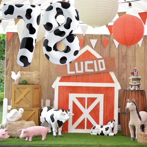 Image of Number 7 Balloon for Boys, Giant Cow Print Self Inflating Number 0-9 for Girls, 40 Inch Foil Helium Balloon for 7th Birtyday Decoration Farm Animal Theme Cowboy Cowgirl Theme Party Decor Supplies