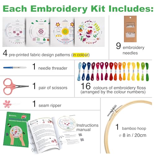Azenera Beginner Embroidery Kit (4 Pack) Learn 33 Stitches with Easy DIY Video Tutorials, Coloured Design Patterns, Thread Floss, Cross Stitch Hoop, Gift (AZA100)