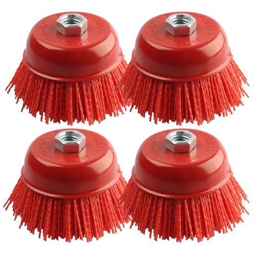 ZORUNNA 4 Inch Nylon Cup Brush for Drill, 4Pcs Wire Wheel for Angle Grinder 5/8 Inch-11 Threaded Arbor, Nylon Brush for Angle Grinder Ideal for Removing Rust, Corrosion, Paint.