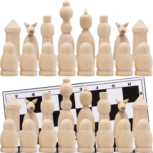Fichas de ajedrez en madera sin pintar con tablero de vinilo - Set DIY para pintar tú mismo - Manualidades y regalos para jugadores de ajedrez miniatura 1