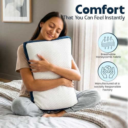 Image of Rectangle Orthopedic Memory Foam Contour Pillow for Neck, Shoulder & Cervical Pain Relief | Ergonomic Neck Support for Back, Side Sleepers | Washable Cotton Cover - White, 40 x 60 x 10 CM