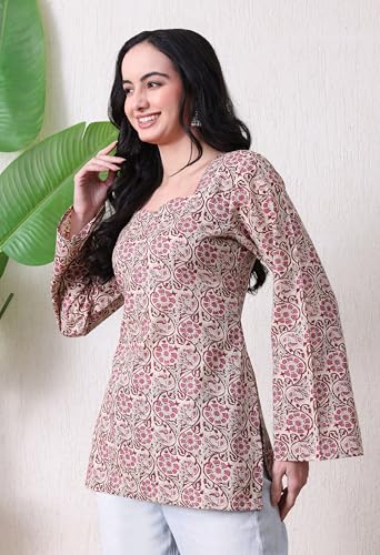 Image of MEERA FAB Women's Floral Printed Cotton Short Top | Daabu Printed Kurta with Full Sleeves | Short Kurti for Women