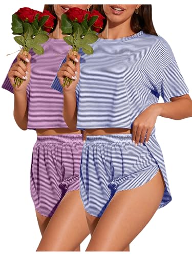 Image of OYOANGLE 2 Pack Pajama for Woman Set Summer Cute PJ Sets Striped Short Sleeve Tshirt and Split Shorts Lounge Set