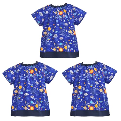 COLORFUL CANDY STYLE 半袖スモック(120-130cm) 太陽系惑星とコスモプラネタリウム(ロイヤルブルー) 3枚セット 男の子 かっこいい 子供用 半袖 スモック 幼稚園 エプロン 小学生 用 子供 書道 美術 おしゃれ N13416