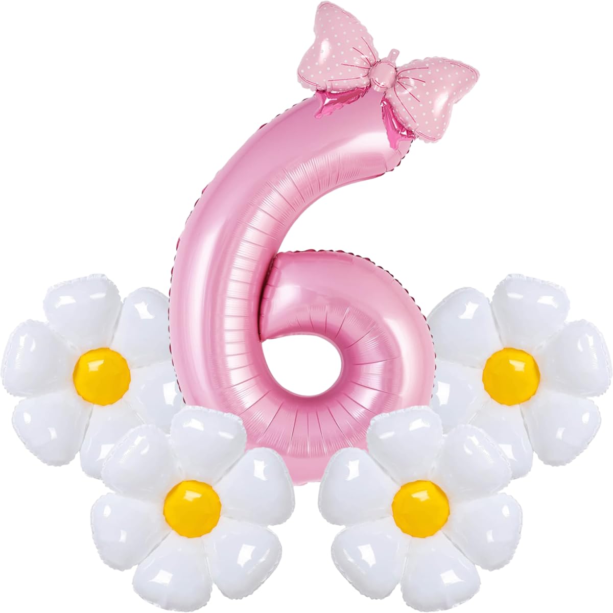 Flower Daisy Balloons Pastel Pink Large 40 Inch Number 6 Birthday Balloon with Bow Foil Mylar Floral Balloons for Birthday Party Decorations Supplies